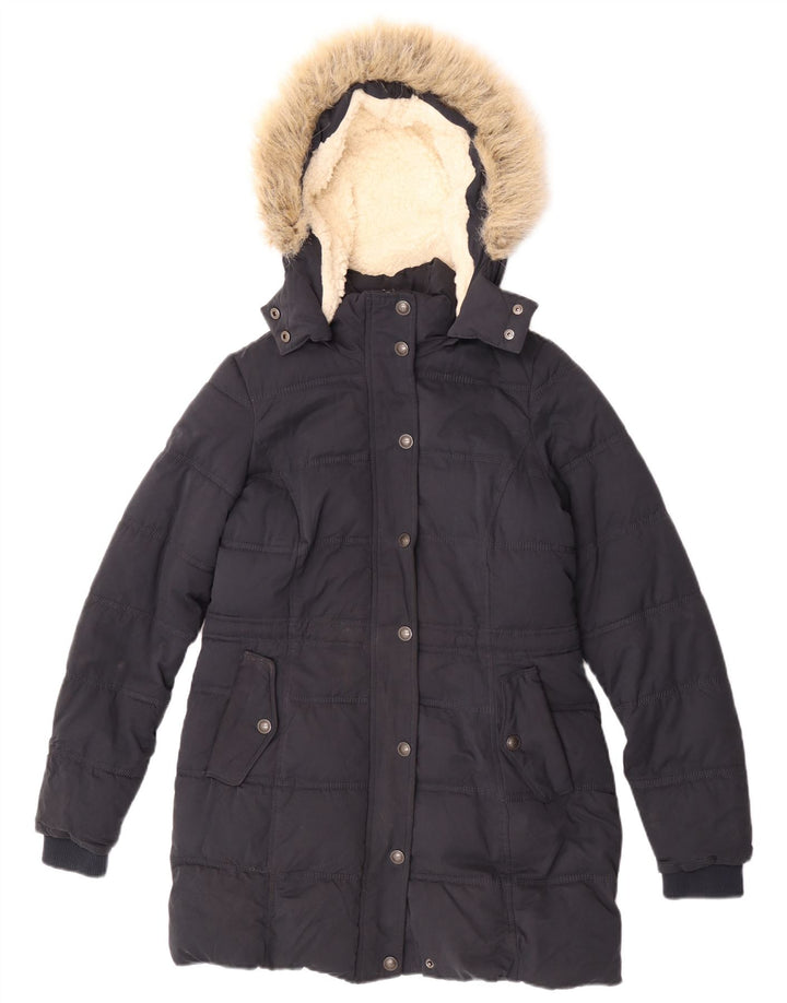 Fat Face Manteau rembourré Sherpa à capuche pour femme UK 8 Small Bleu marine Polyester