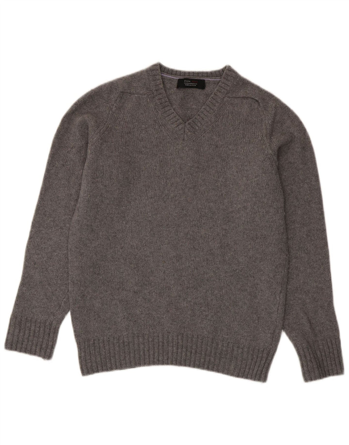 Zara Pull Col V Homme Gris Moyen Laine