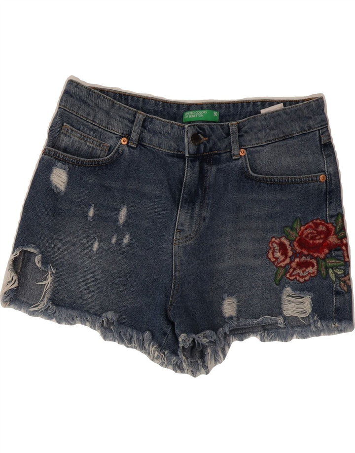 BENETTON Womens Distressed Denim Hot Pants  W30 Medium Blue Floral Cotton Vintage Benetton and Second-Hand Benetton from Messina Hembry 