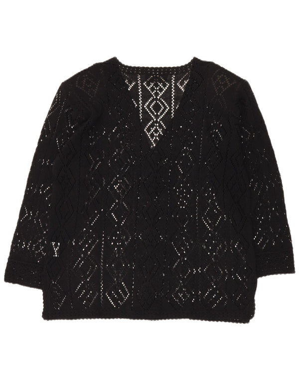 vintage Femmes 3/4 Manches Crochet Cardigan Pull UK 16 Grand Coton Noir