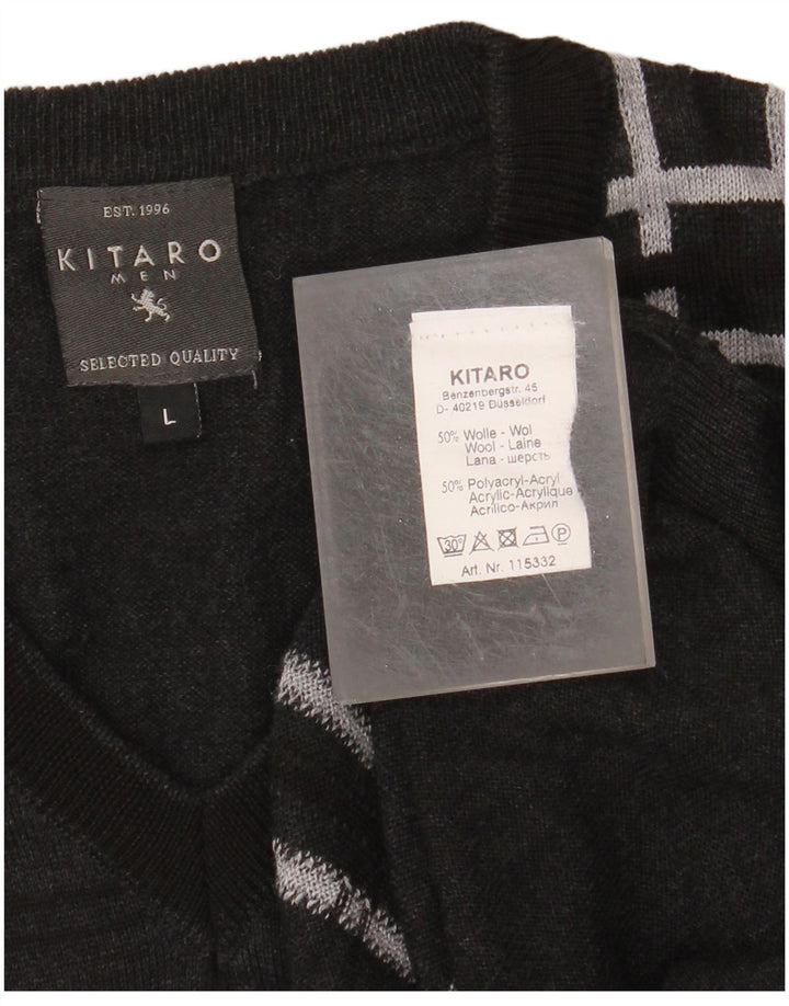 KITARO Pull col V pour homme en laine à carreaux gris