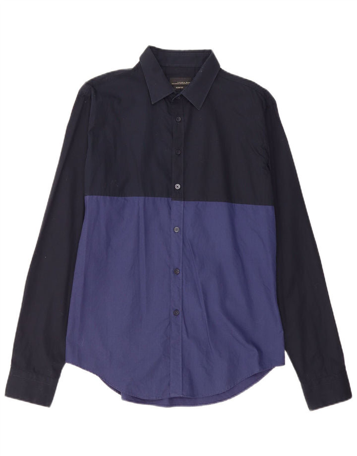 ZARA Chemise Slim Fit Homme Bleu Marine Moyen Colourblock