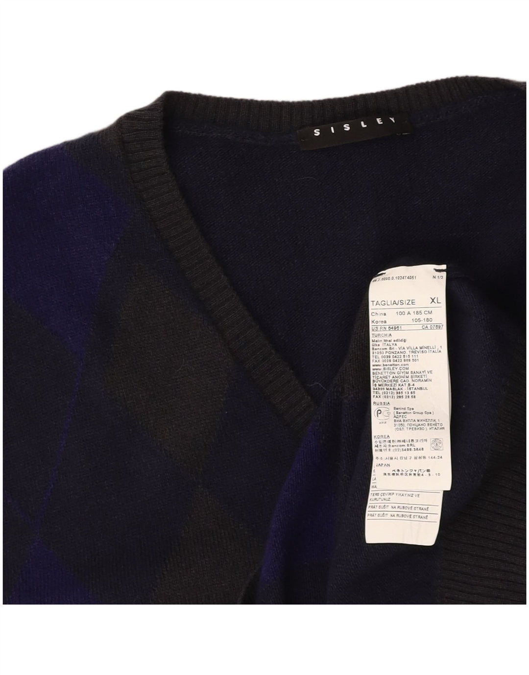 SISLEY Débardeur Débardeur XL Bleu Marine Argyle/Diamond Laine Homme