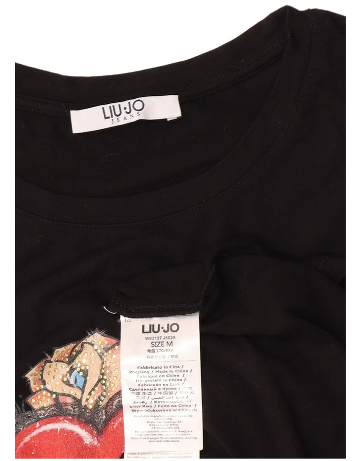 Liu Jo T-Shirt Graphique Femme UK 12 Medium Noir Viscose