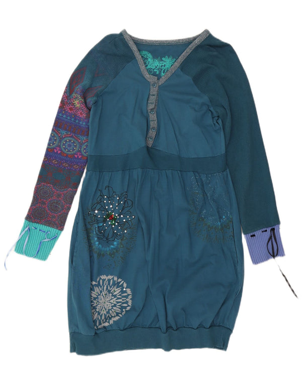 Desigual Robe pull graphique à manches longues pour femme UK 20 2XL Bleu floral