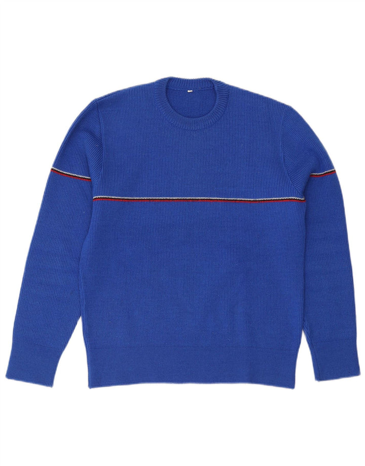 vintage Mens Crew Neck Jumper Pull Petite laine rayée bleue
