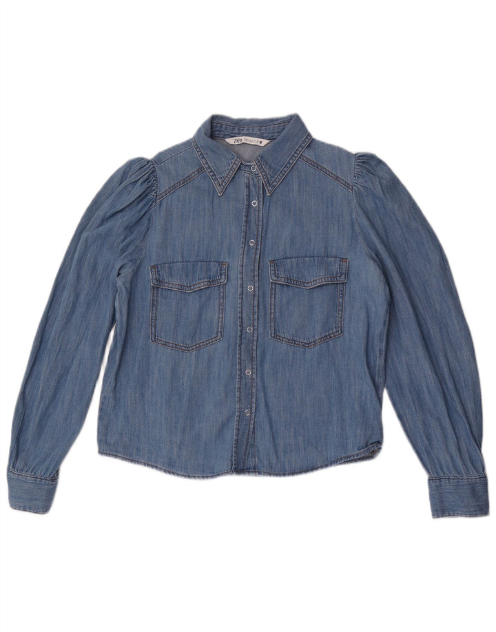 Zara Femme Chemise En Jean UK 14 Bleu Moyen Coton