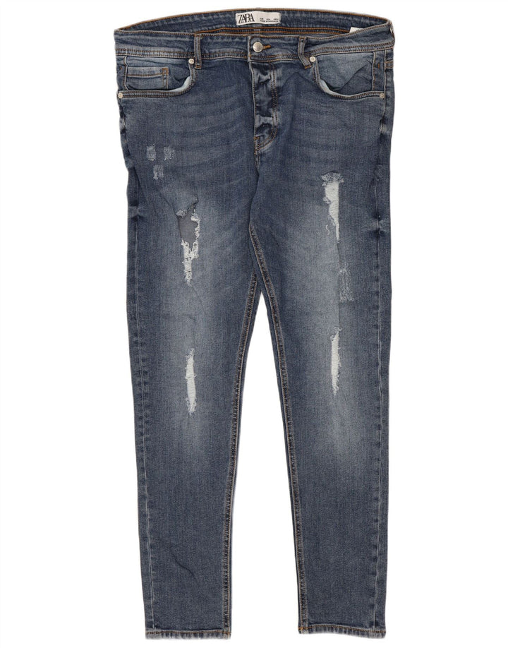 Zara Femme Jean Slim En Détresse W36 L28 Bleu Polyester