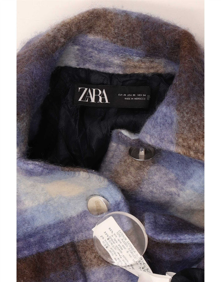 Zara Veste Shacket surdimensionnée pour femme UK 6 XS en laine à carreaux bleu