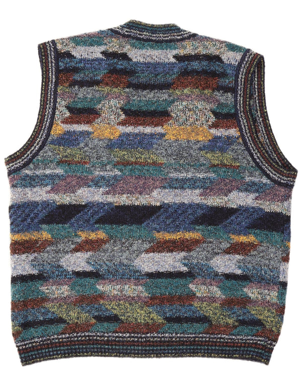 vintage Mens Cardigan sans manches Pull XL Laine géométrique multicolore