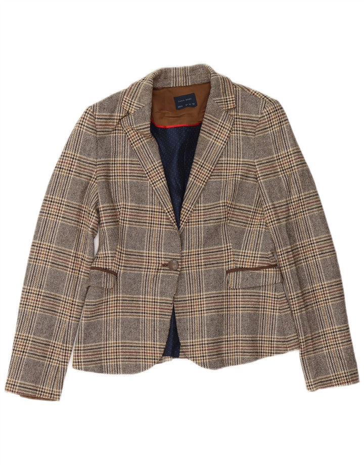 Zara Veste Blazer 1 Bouton Femme UK 14 Gris Moyen à Carreaux Acétate