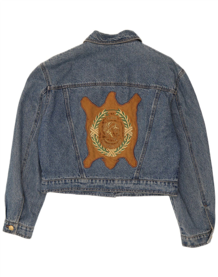 Roccobarocco Veste en jean court graphique pour femme UK 14 Bleu moyen Colourblock