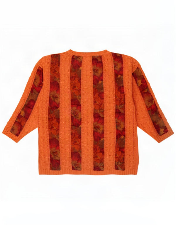 vintage Femmes Bateau Cou Jumper Pull UK 14 Moyen Orange Floral Coton