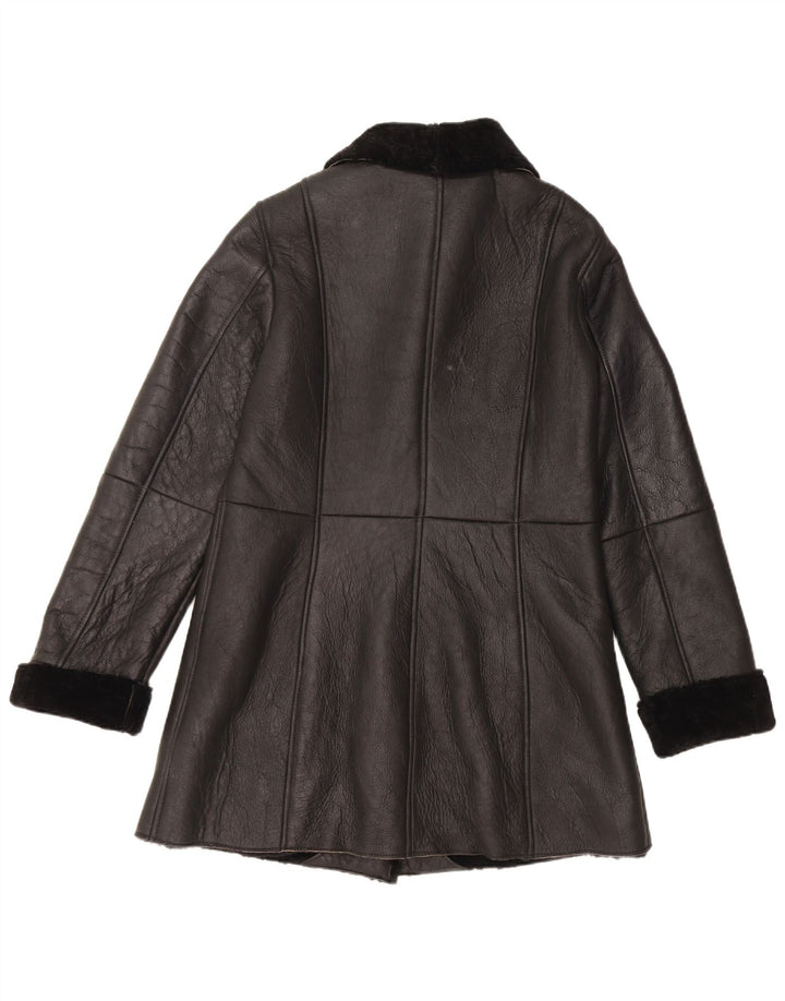 vintage Femme Shearling Coat EU 40 Cuir Noir Moyen