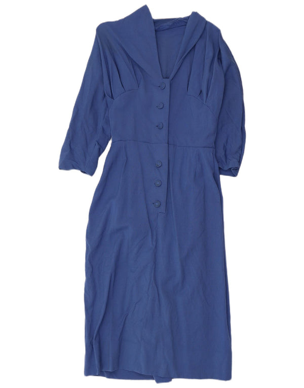 vintage Femmes 3/4 Manches Maxi Robe UK 8 Petit Bleu