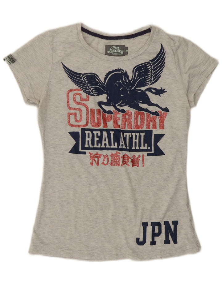 Superdry T-Shirt Graphique Femme UK 12 Gris Moyen Polyester Moucheté