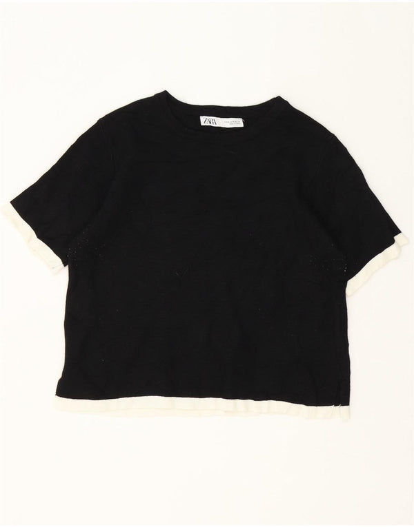 Zara Womens Crop T-Shirt Top UK 12 Medium Noir Colorblock Viscose