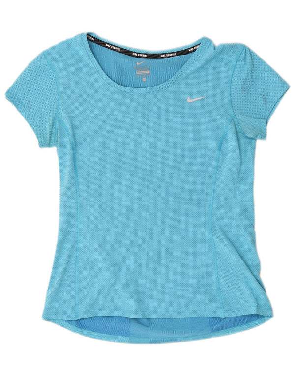 Nike Womens Dri Fit T-Shirt Top UK 10 Petit Bleu Colorblock Polyester