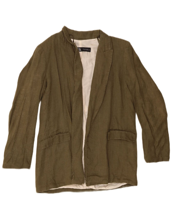 Zara Veste Blazer Ouverte Femme UK 16 Grand Lin Kaki