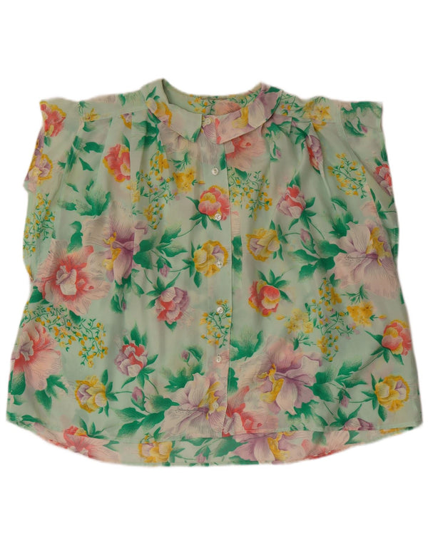 vintage Femmes Manches Courtes Chemise Oversize Blouse UK 16 Grand Vert Floral