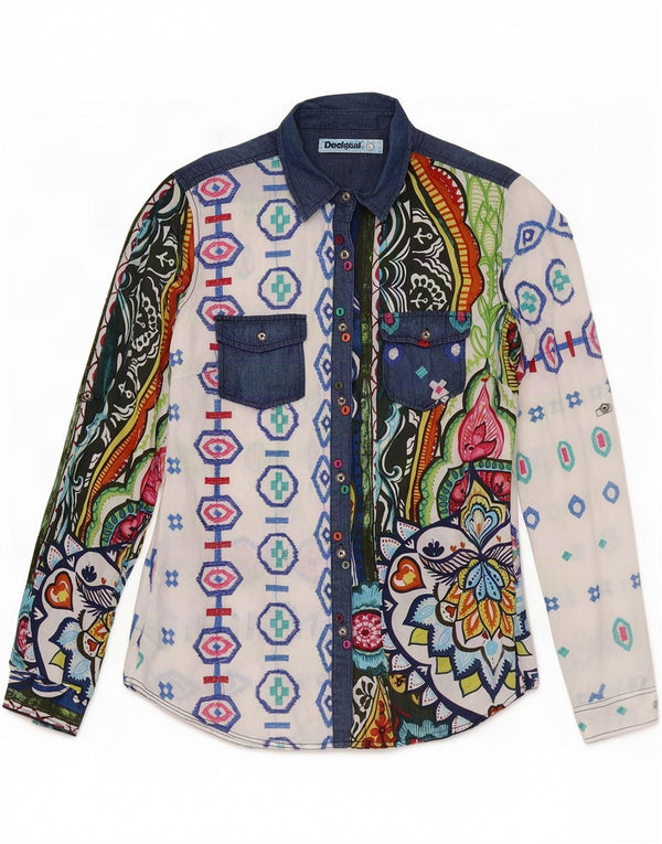 Desigual Chemise Graphique Femme UK 14 Large Multicolore Géométrique
