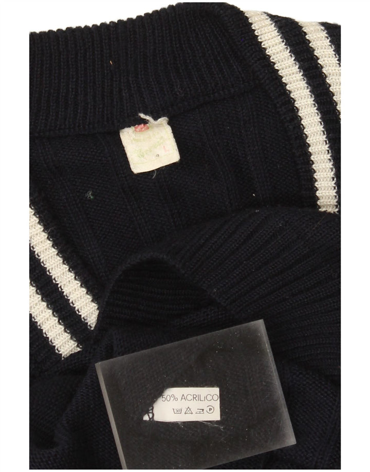 vintage Mens V-Col Jumper Pull Grand Bleu Marine Acrylique