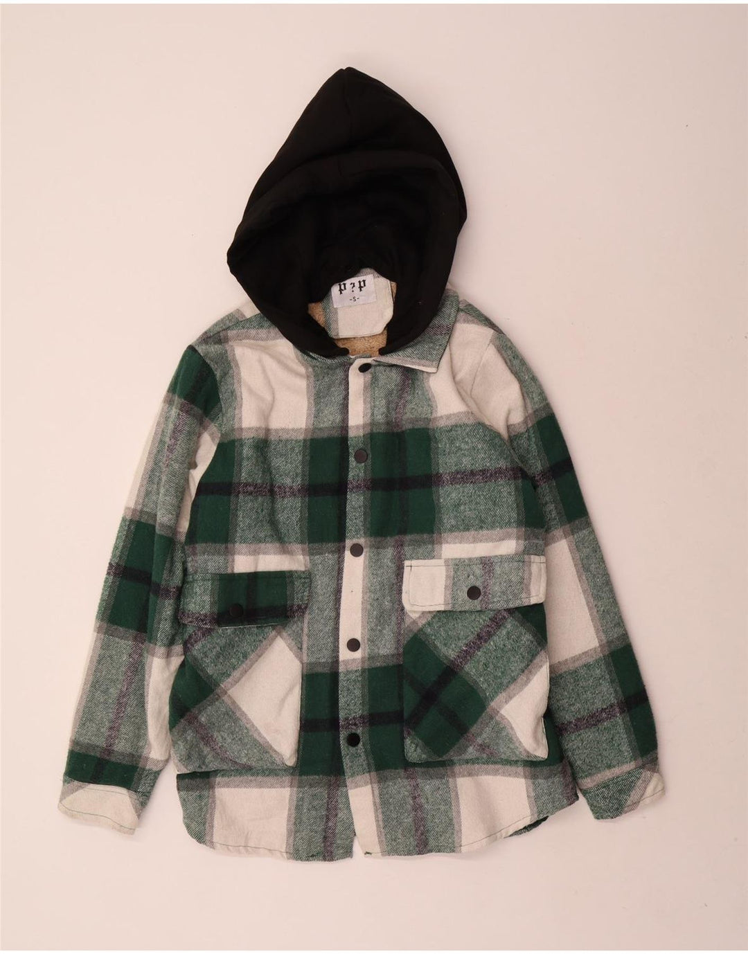 veste utilitaire sherpa à capuche vintage pour hommes UK 36 petit polyester à carreaux verts