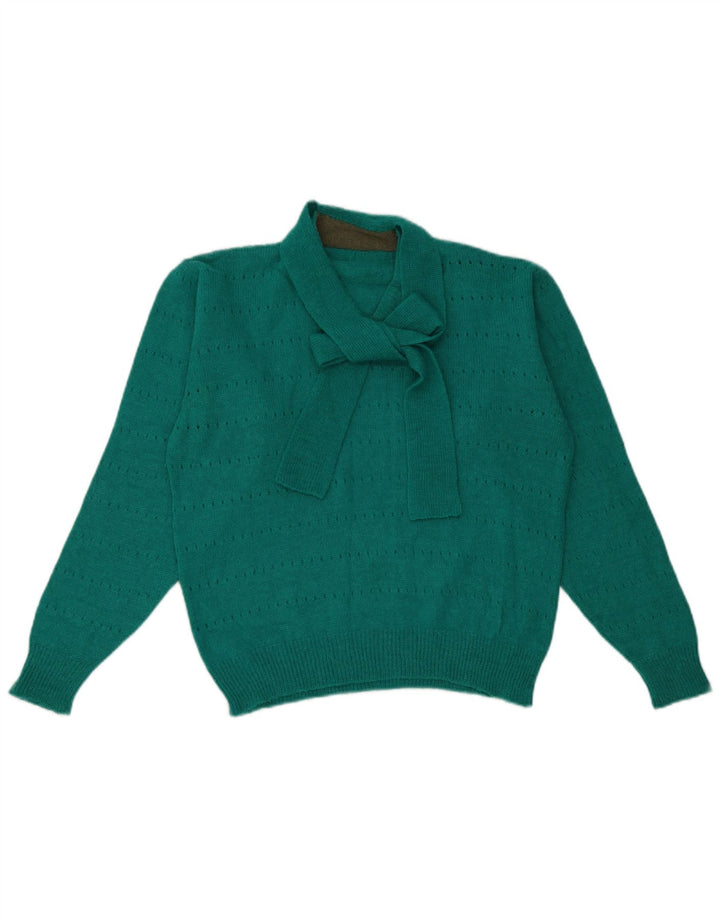 vintage Femme V-Col Jumper Pull UK 14 Vert Moyen