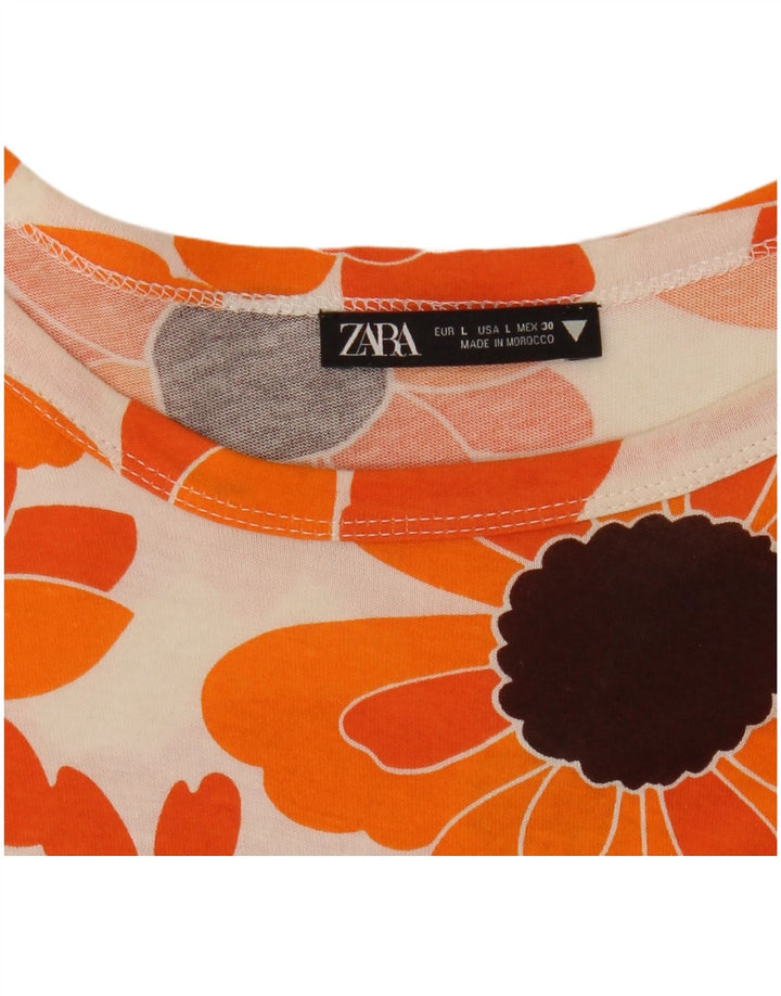 ZARA Femme T-Shirt Top UK 16 Large Orange Floral