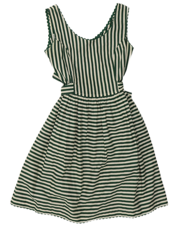 vintage Womens Robe A-Line sans manches UK 10 Petit coton rayé vert