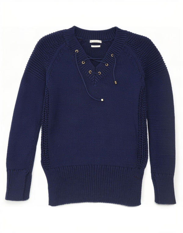 Zara Pull col en V pour femme UK 10 Petit coton bleu marine