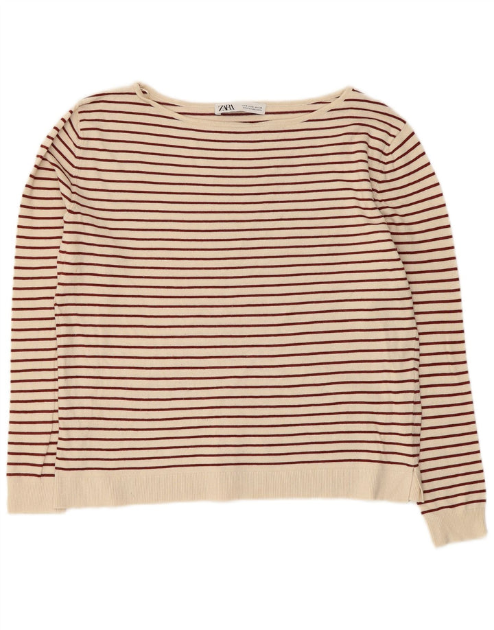 ZARA Femme Pull Col Bateau UK 10 Petit Rayé Blanc Cassé
