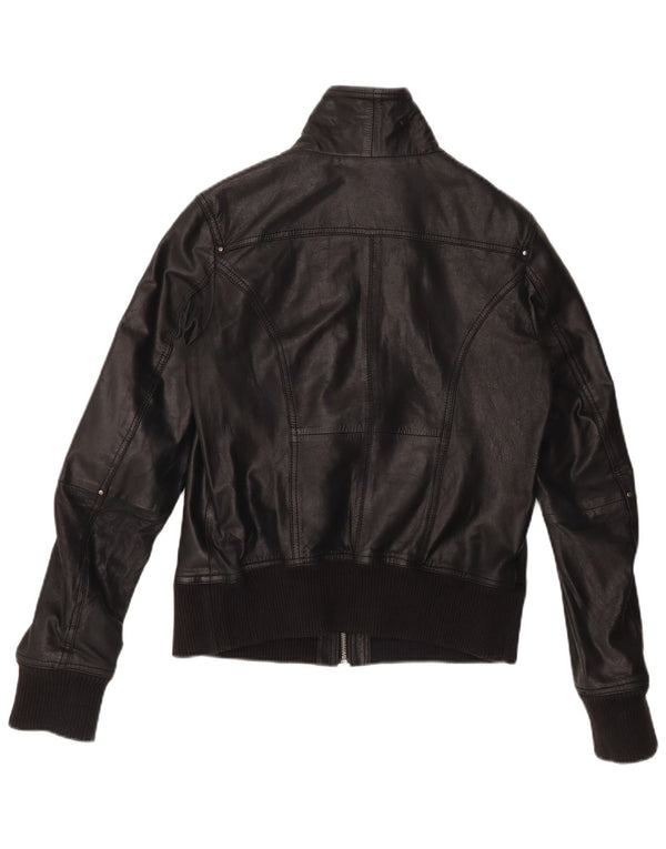 BERSHKA Veste en cuir crop pour femme UK 14 Grand cuir noir