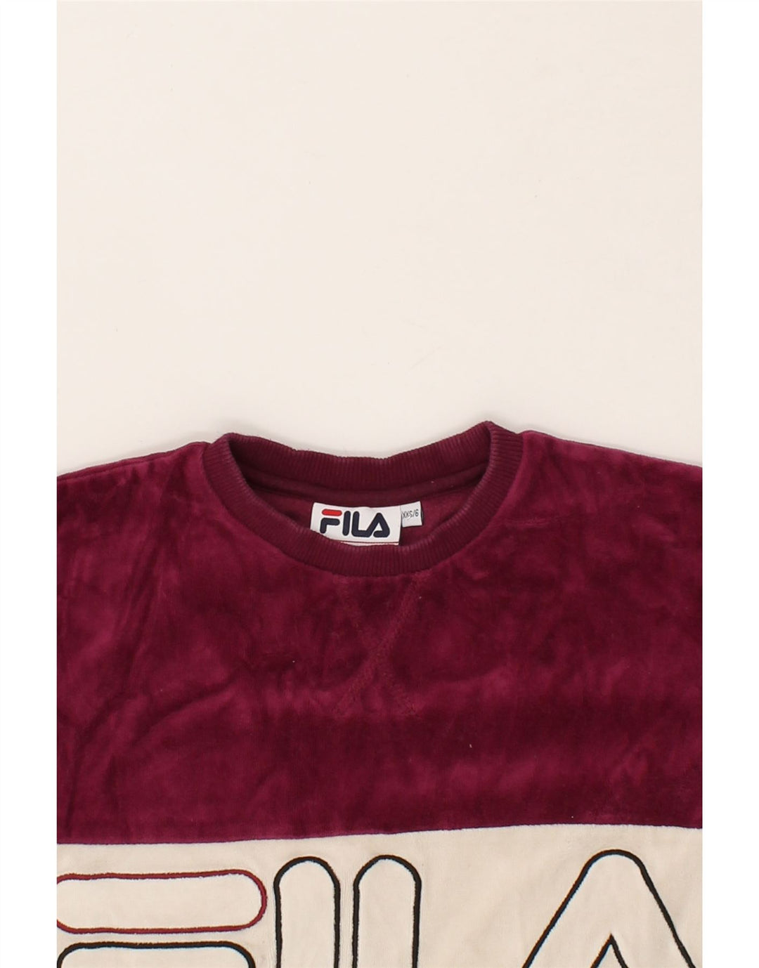 FILA Womens Oversized Graphic Sweatshirt Jumper UK 2 2XS Maroon Vintage Fila and Second-Hand Fila from Messina Hembry 