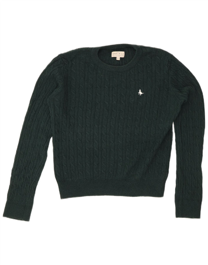 JACK WILLS Pull court à col rond pour femme UK 12 en laine vert moyen