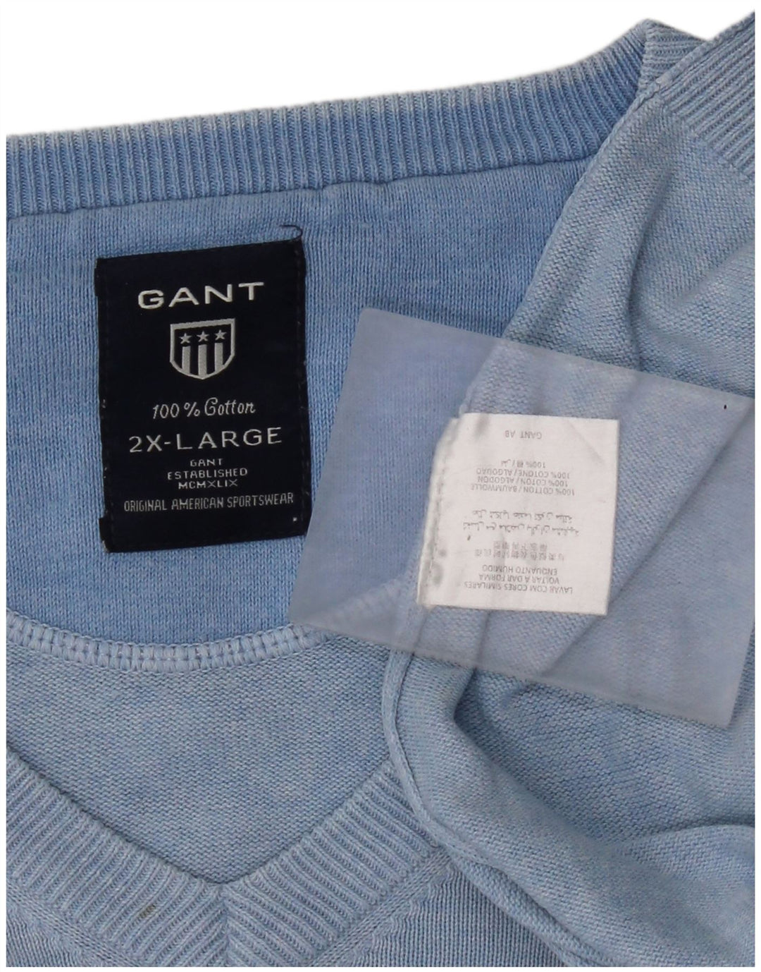 Gant Pull Col V Homme 2XL Bleu Coton