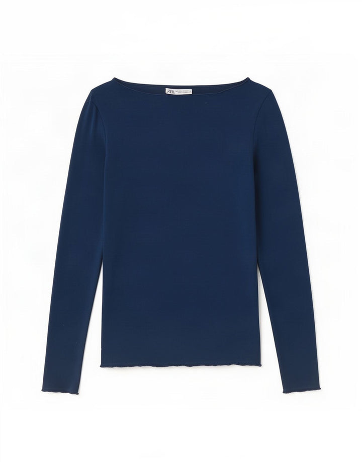 Zara Femme Top Manches Longues UK 8 Small Bleu Marine