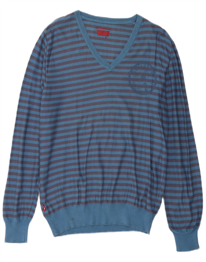 LEVI'S Pull Col V Homme XL Bleu Rayé Coton