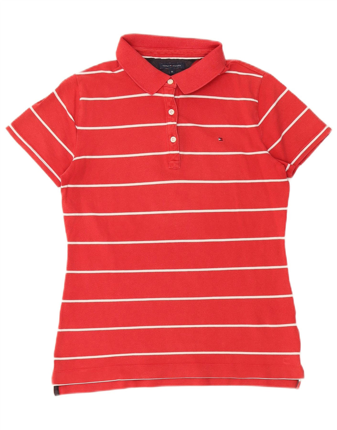 TOMMY HILFIGER Polo Femme UK 12 Coton Rayé Rouge Moyen