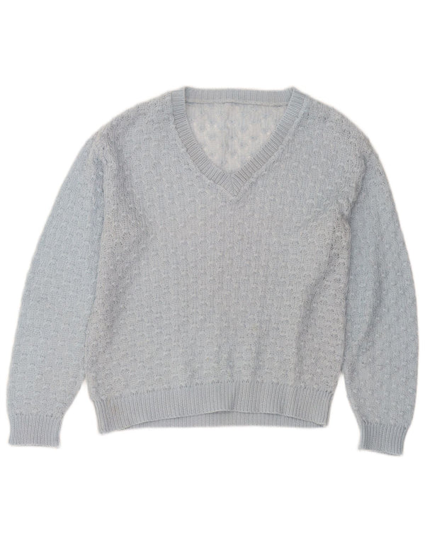 vintage Femme V-Col Jumper Pull UK 14 Bleu Moyen