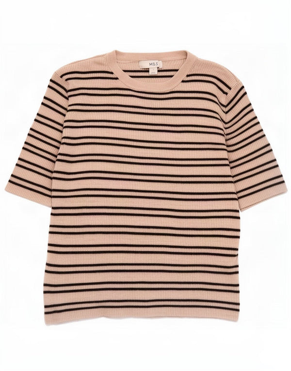 Marks & Spencer T-Shirt Femme Top UK 14 Large Beige Rayé Viscose