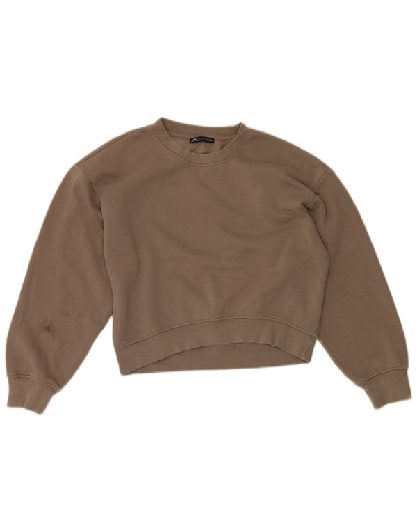 Zara Womens Crop Relaxed Fit Sweatshirt Jumper UK 8 Petit Coton Marron