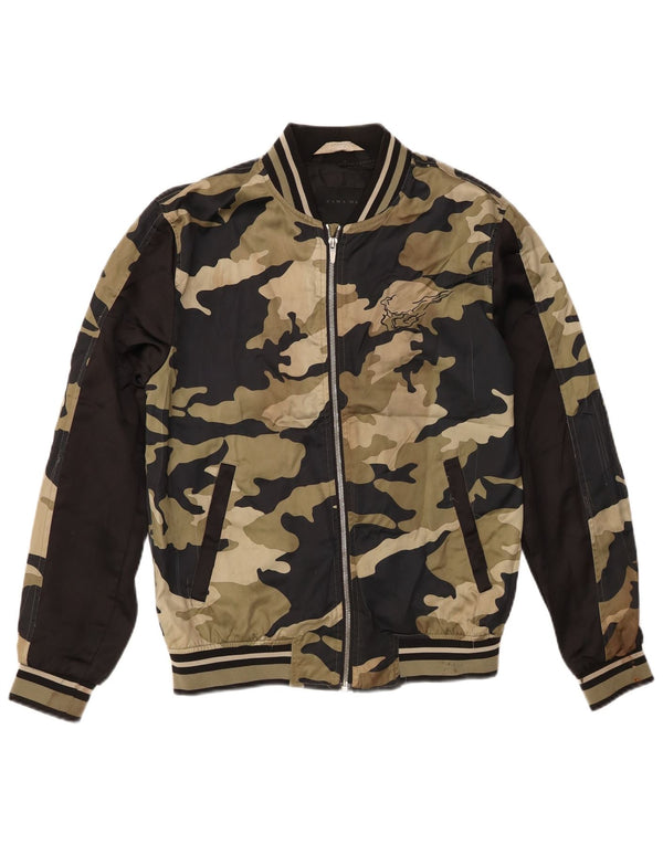 Zara Mens Graphic Bomber Jacket UK 38 Medium Kaki Camouflage Polyester