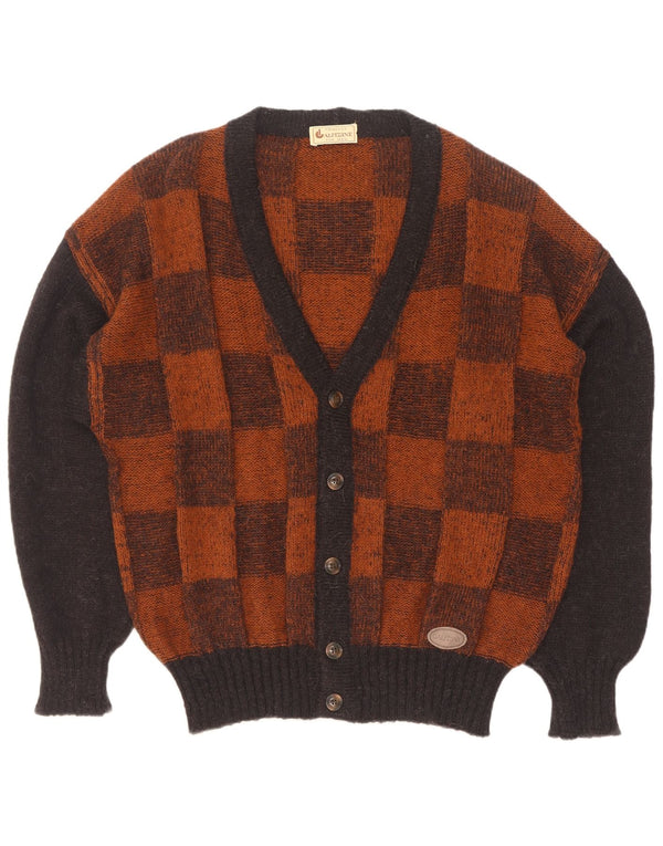 vintage Mens Cardigan Pull Grand Marron Géométrique