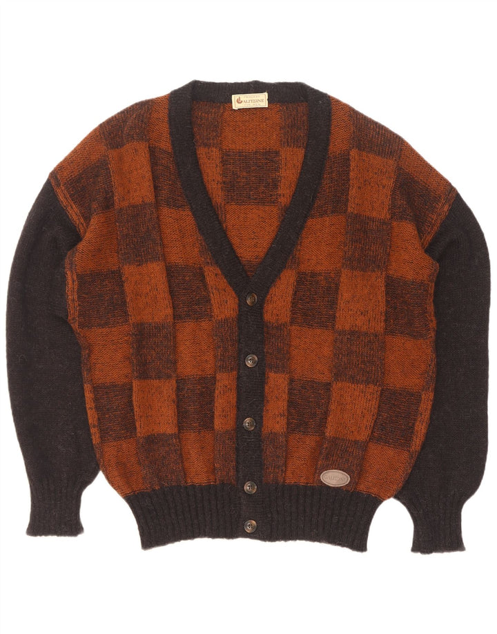 vintage Mens Cardigan Pull Grand Marron Géométrique