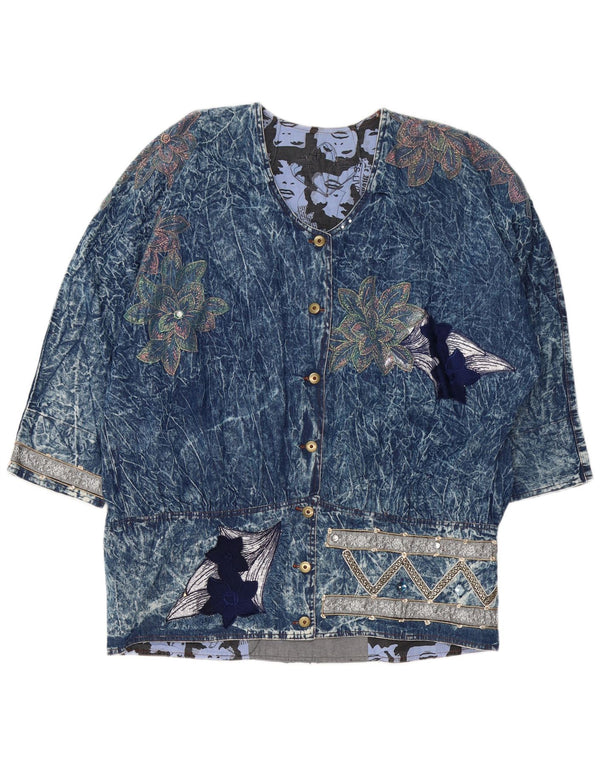 vintage Femmes Surdimensionné 3/4 Manches Chemise Blouse UK 20 2XL Bleu Floral