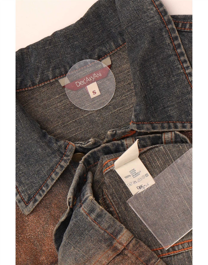 Veste en denim femme vintage UK 10 Petit coton colorblock bleu