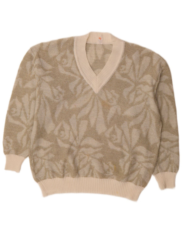 vintage Femme V-Col Jumper Pull UK 16 Grand Kaki Floral