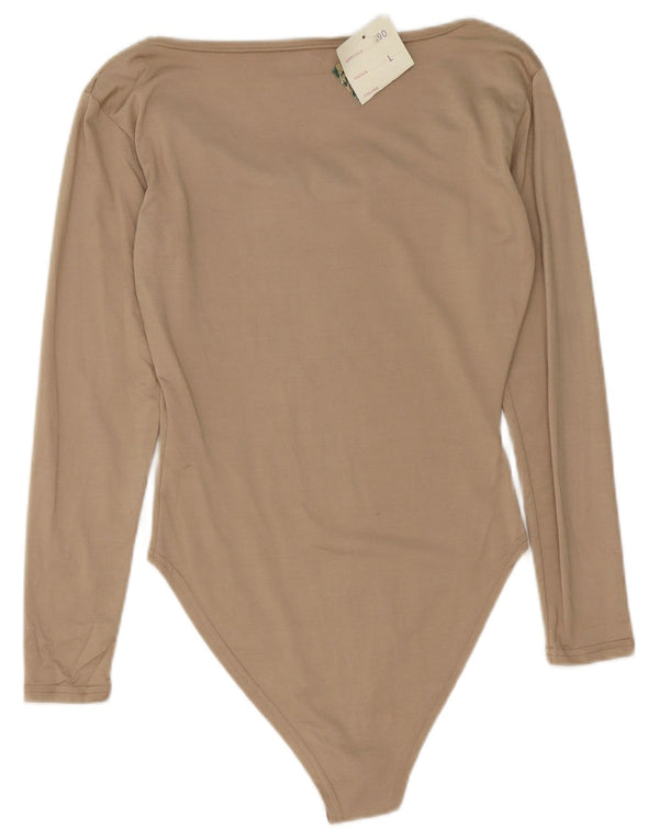 vintage Femme Manches Longues Body UK 14 Grande Viscose Beige