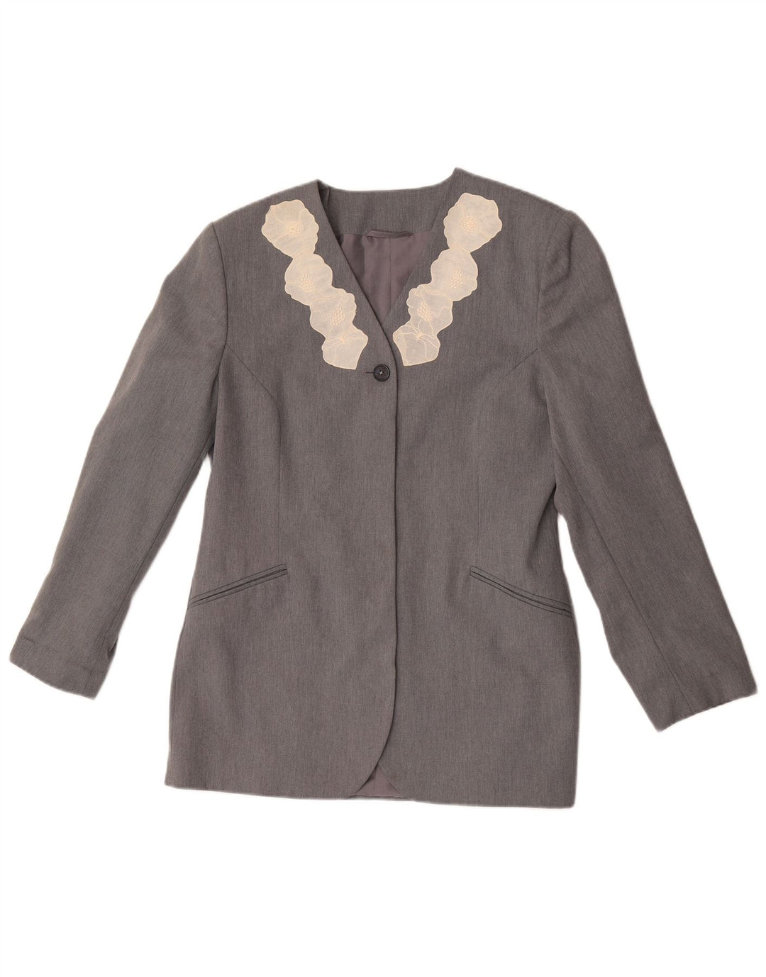 vintage Femmes 1 Bouton Blazer Veste UK 12 Moyen Gris Floral Polyester